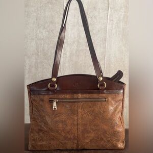 Patricia Nash Poppy Peruvian Tooling Nappa Etched FLORAL Brown Tote Shoulder Bag